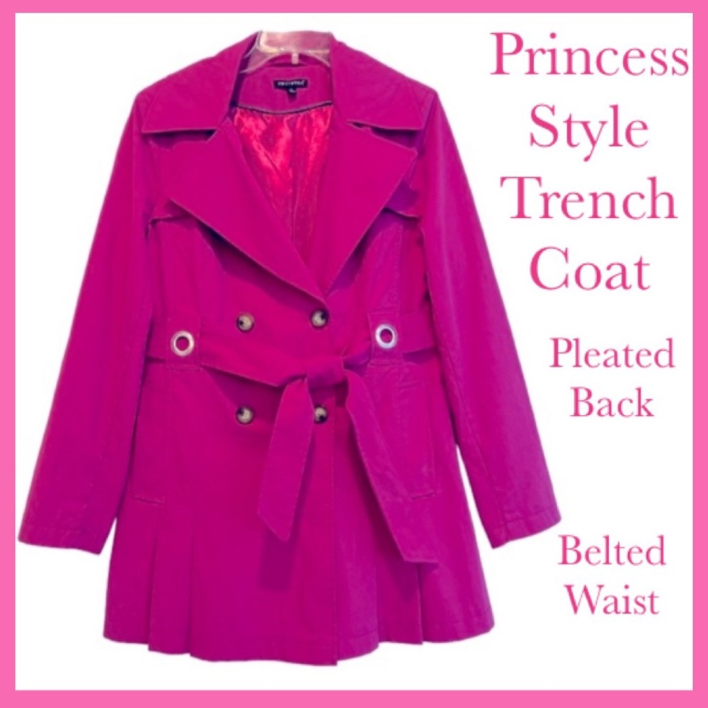 Vintage Princess Trench Coat Retro Tailored Belted Pleated Hot Pink Size Large